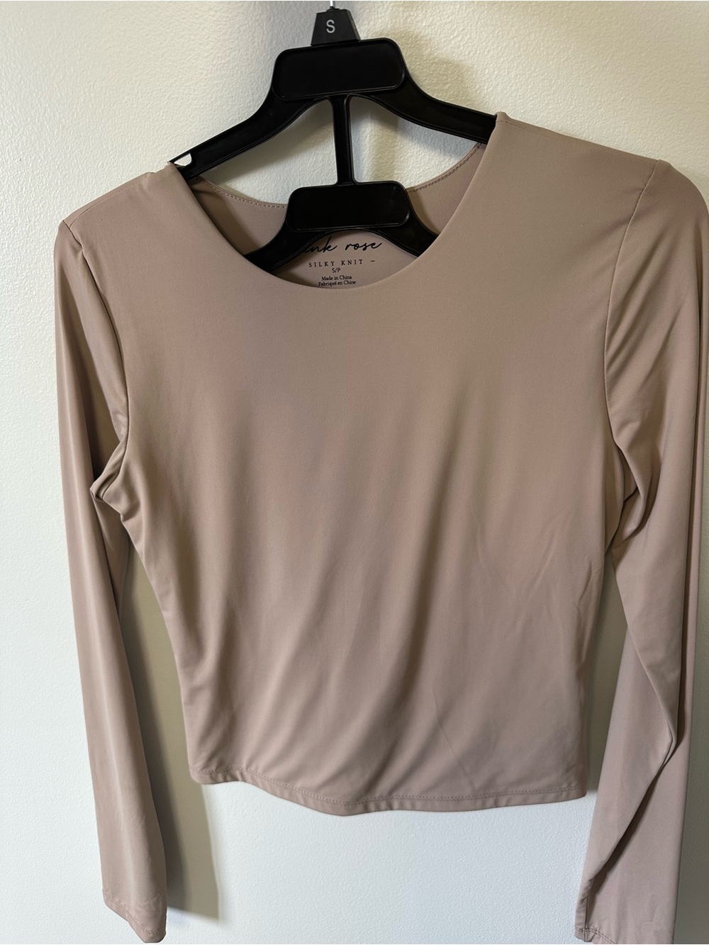 Pink Rose Long Sleeve Silky Knit Top in Taupe